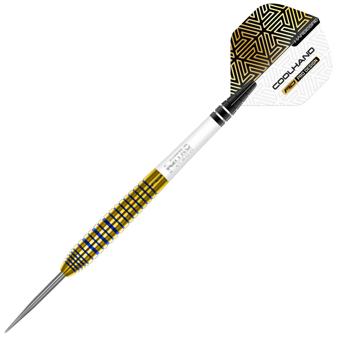 Gold and blue ringed tungsten dart with Cool-Hand flight, full product view on white background