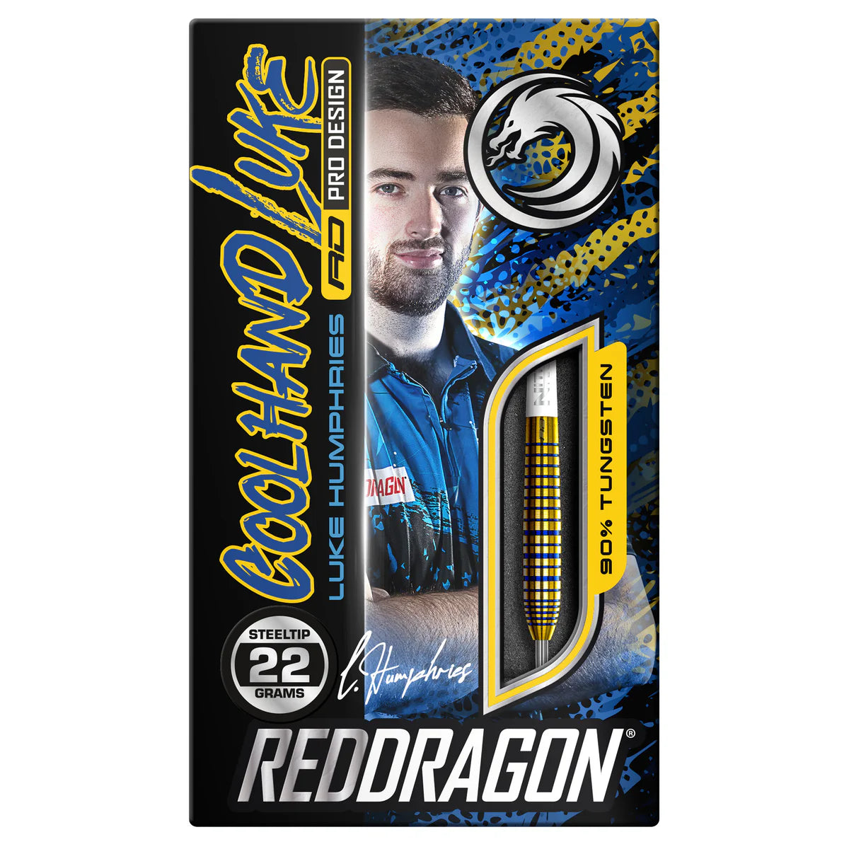 Luke Humphries TX3 Gold SE 90% tungsten dart in retail packaging, steel tip 22g, gold grip barrel highlighted through window