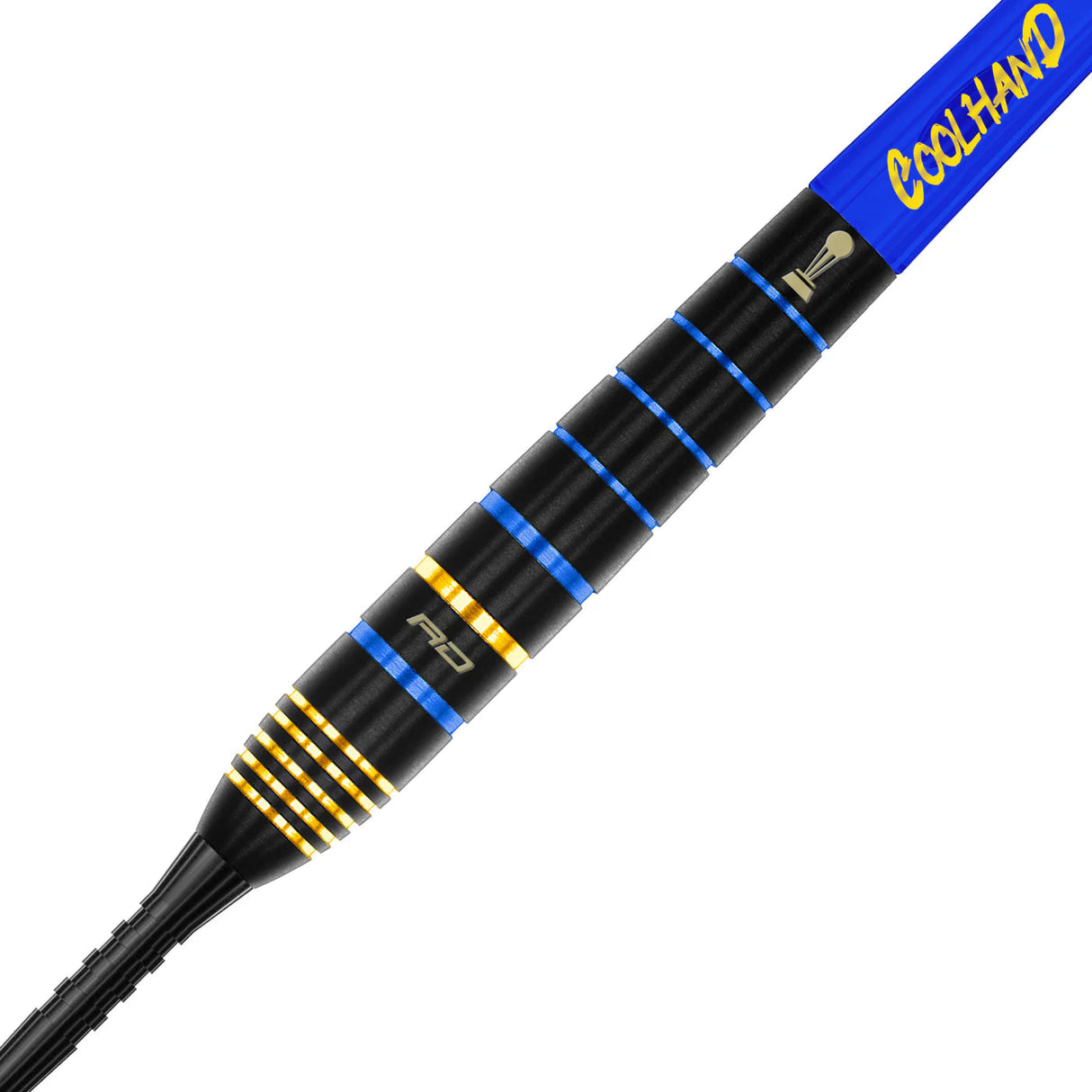 Close-up of tungsten dart barrel with blue and gold rings, detailed grip texture, and Cool Hand flight, isolated on white background