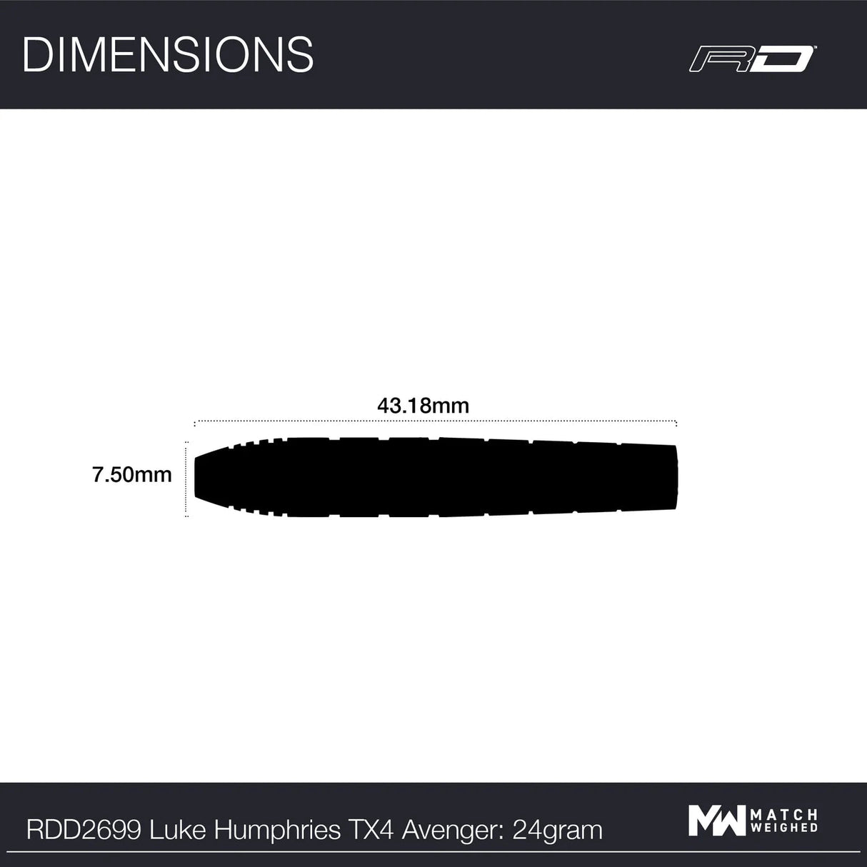 Dart barrel dimension diagram showing 43.18mm length and 7.50mm diameter, side view, isolated for tungsten dart buyers