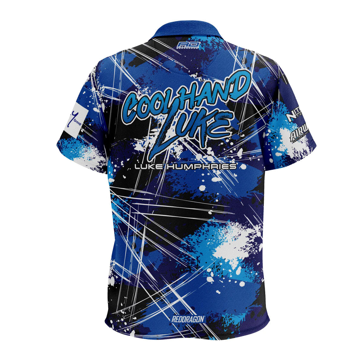 Back view of Luke Humphries darts shirt with blue graphic design, Cool Hand Luke lettering, moisture wicking tour shirt for darts players