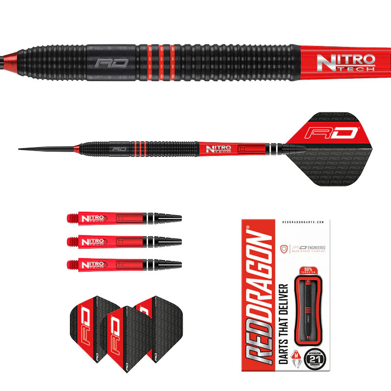 Macro and full view of tungsten darts with close-up grip texture, extra shafts, flights, and retail box on white background