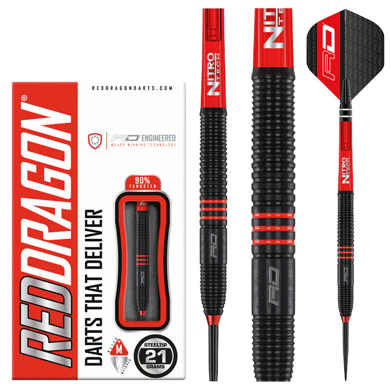 Steel tip tungsten darts set in retail packaging, close-up on grip texture, black and red barrel, 21 grams, 90% tungsten