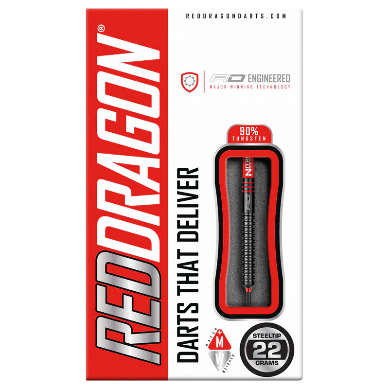 Full view of Milano RS 0.2 90% tungsten steel tip dart in retail box, 22 grams, product details and single dart visible through window