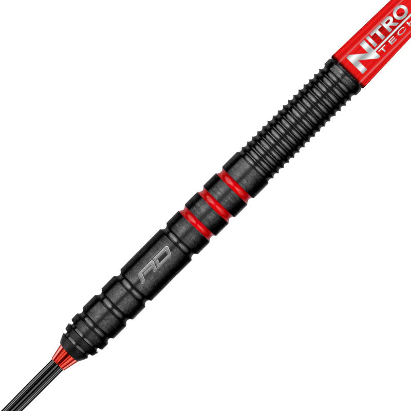 Close-up angled view of 90% tungsten dart barrel showing black grip texture and red rings, isolated on white background