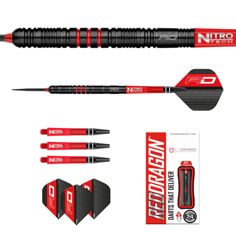 Full view and close-up of 90% tungsten dart, extra barrels and flights, plus packaging on white background