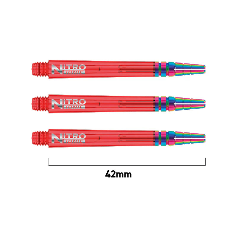Three 42mm red ionic dart shafts with rainbow PVD tips, side by side on white background with length scale, showing threaded grips