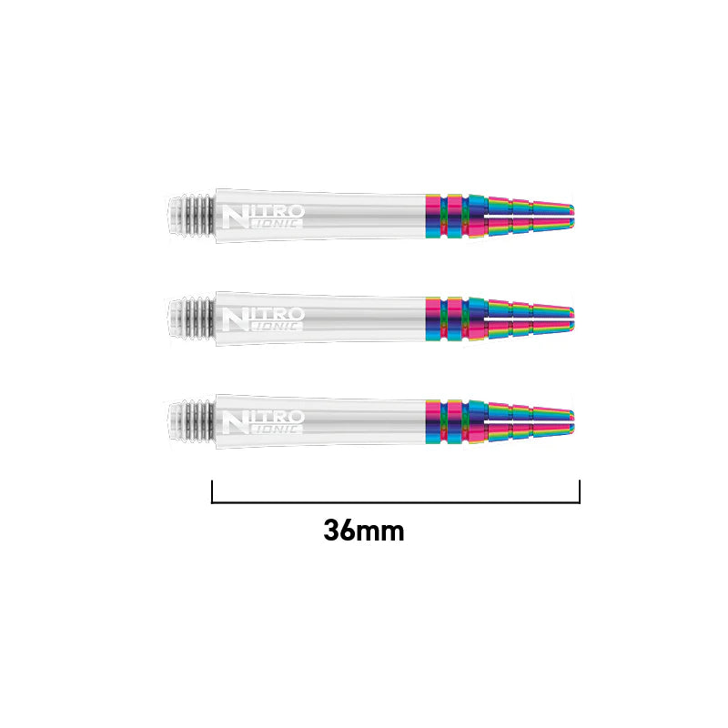 Three 36mm Nitro Tech Ionic dart shafts with iridescent PVD grip, displayed side by side on white background with measurement reference