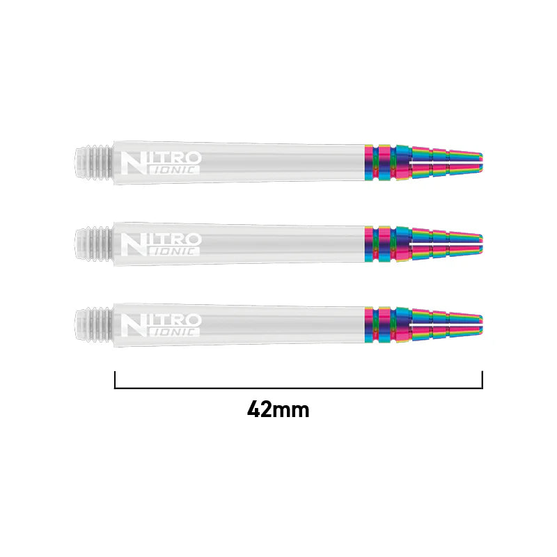 Three 42mm dart shafts with rainbow PVD-coated ends, isolated on white background with scale reference for size