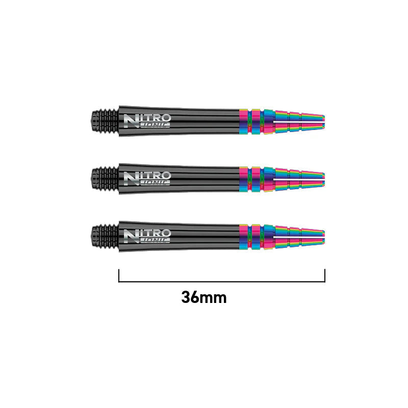 Three 36mm dart shafts with rainbow PVD coated tips, full side view on white background, length scale shown, ideal for dart setup comparison
