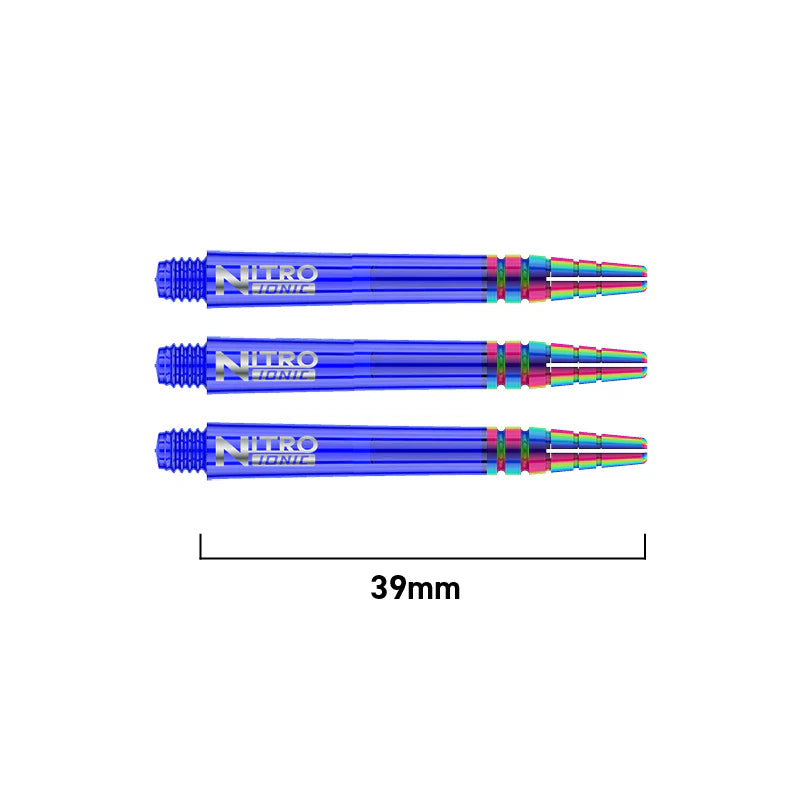 Three blue Nitro Tech Ionic dart shafts aligned horizontally, 39mm length indicated, showing PVD coated rings on white background