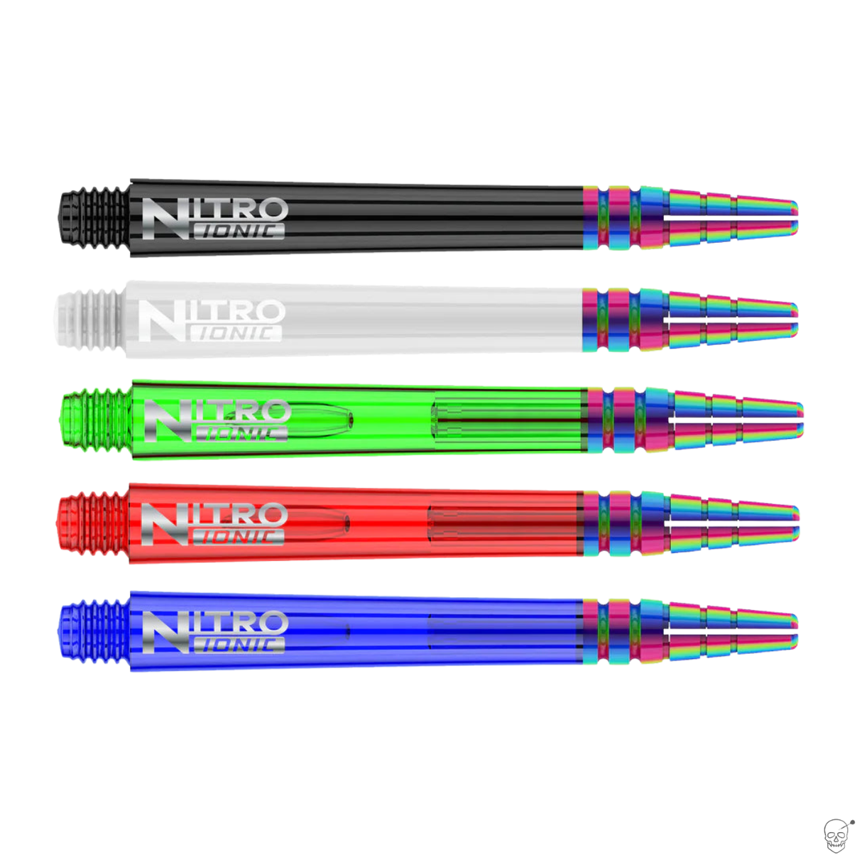 Five Nitro Tech Ionic dart shafts in black, white, green, red, and blue with PVD rainbow rings, isolated on white, showing engraving detail.