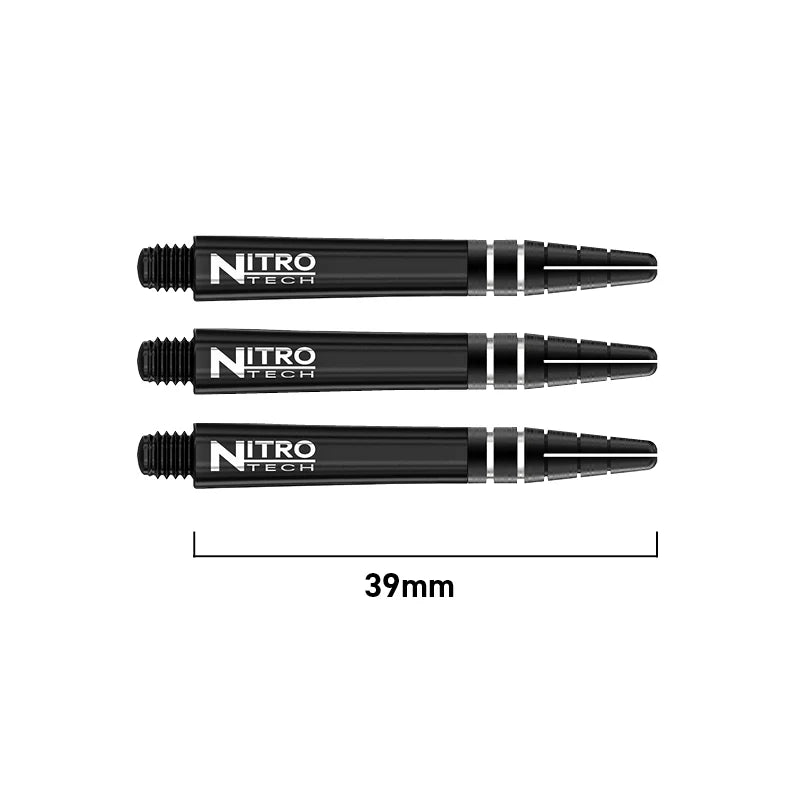 Three black Nitro Tech dart shafts aligned side by side on white background with 39mm length scale and visible grip rings
