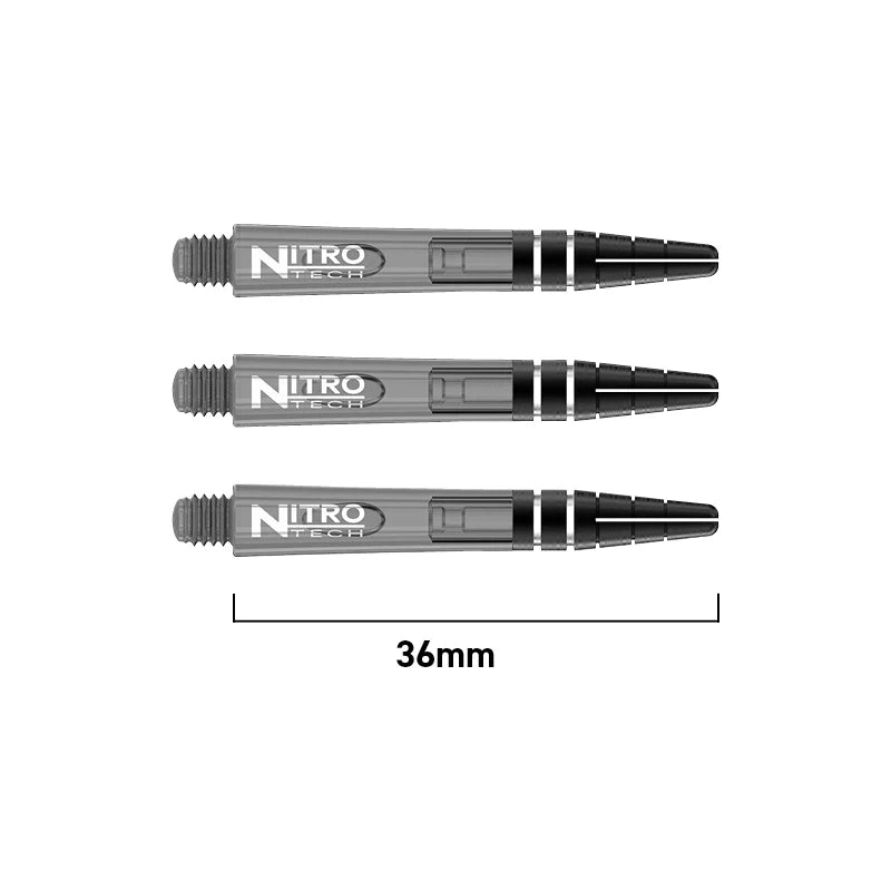 Three Nitro Tech dart shafts in black, horizontal display with 36mm length indicator, highlighting grip rings and clear stem details