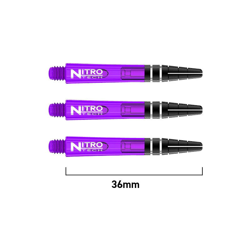 Three purple Nitro Tech dart shafts aligned side by side on white background with 36mm length measurement, highlighting transparent design and black grip.