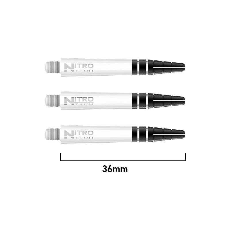 Three transparent dart shafts with black rings, arranged side by side on white background, 36mm length shown for scale