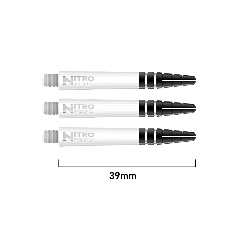 Set of three Nitro Tech dart shafts aligned horizontally, 39mm length shown, highlighting grip rings and threaded ends on white background