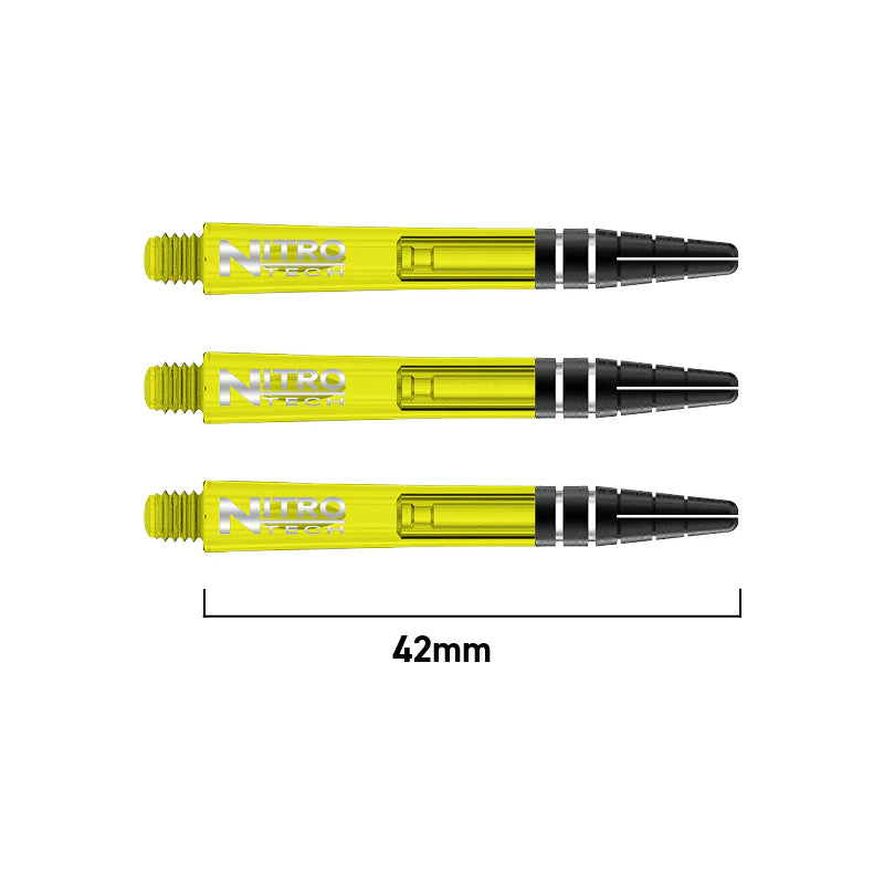 Three yellow Nitro Tech dart shafts aligned side by side, 42mm length indicated, black grip, transparent shaft, white background.