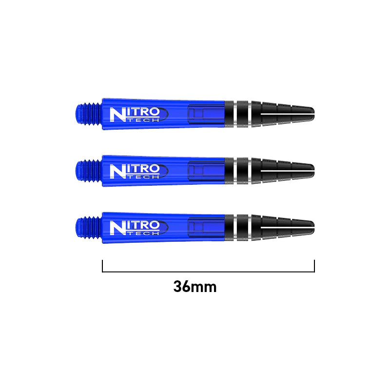 Set of three blue dart shafts 36mm length, top-down view with measurement scale, transparent polycarbonate build and secure grip rings