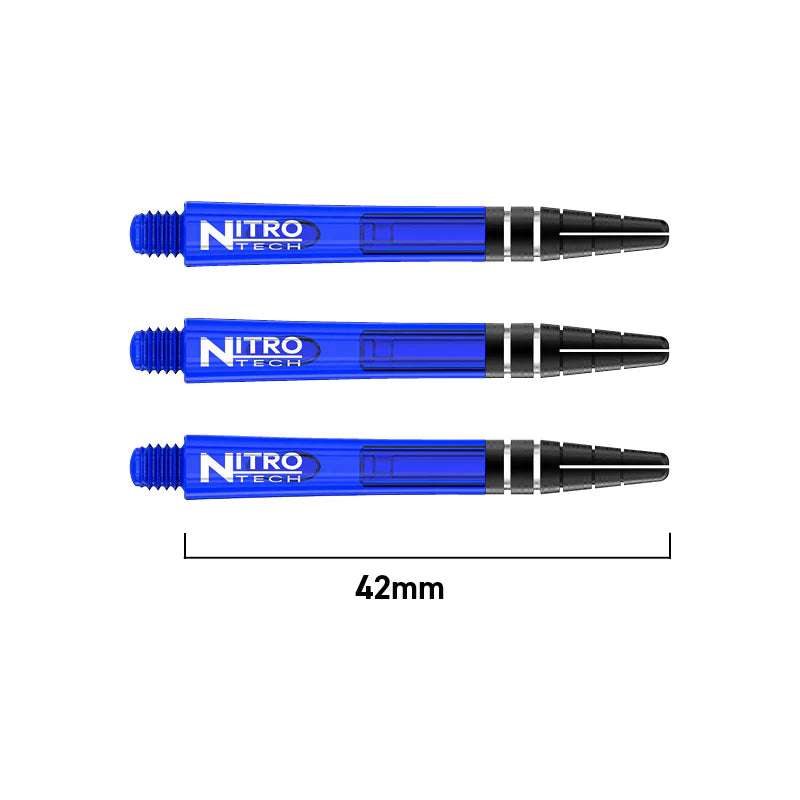 Three blue Nitro Tech dart shafts aligned horizontally with 42mm length scale, highlighting transparent design and black grip details