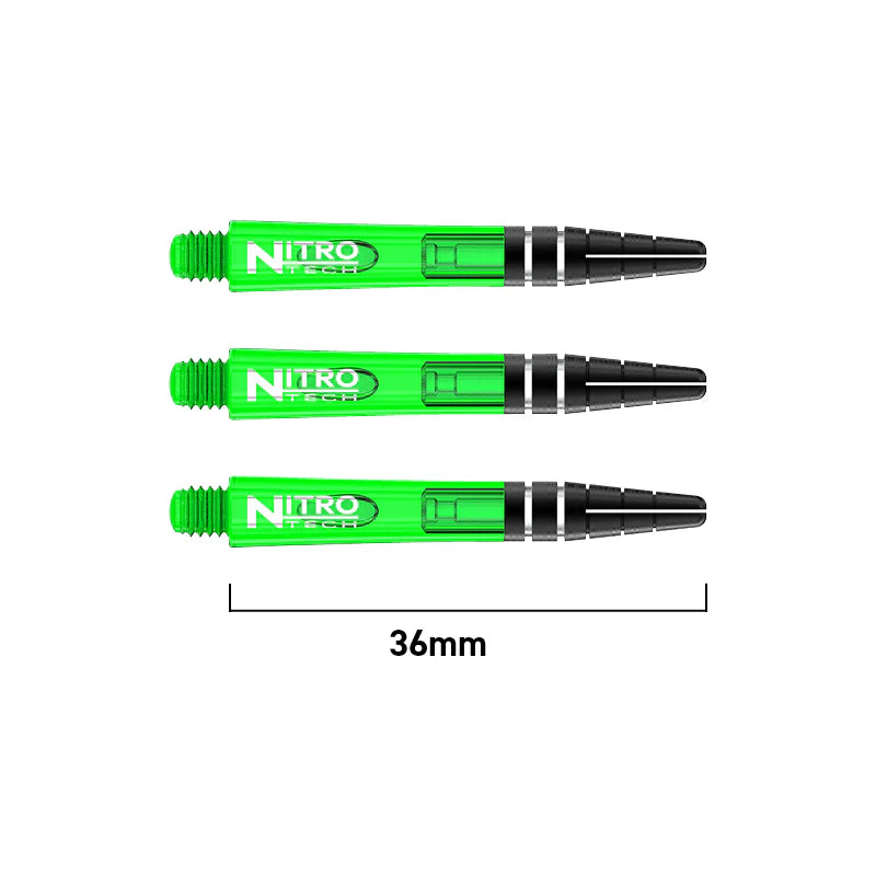 Three green transparent dart shafts 36mm long, full side view with scale reference, highlighting threaded ends and durable construction.