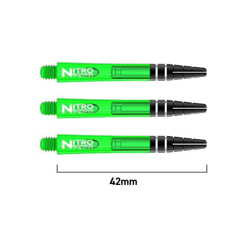 Side view of three green Nitro Tech dart shafts with black ends, arranged horizontally, 42mm length shown for size reference.