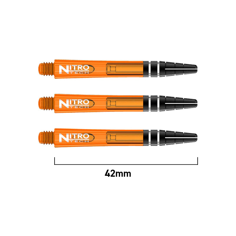 Three orange transparent dart shafts 42mm length, parallel arrangement, isolated white background, detailed barrel and tip design
