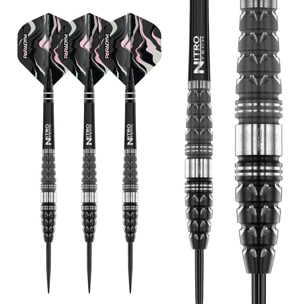 Three 90% tungsten darts displayed on white with close-up of textured torpedo grip and dual-coated barrel for improved dart control