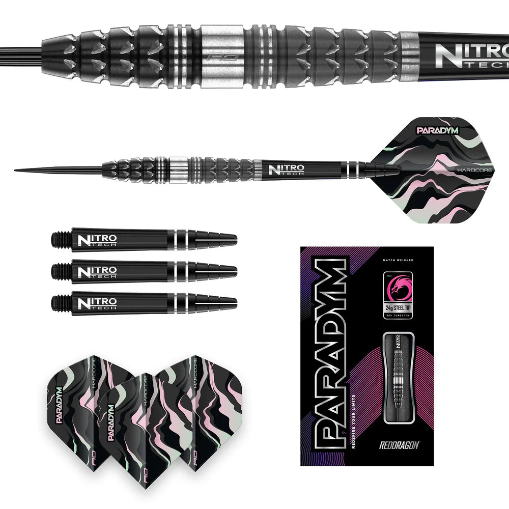 Paradym Torpedo 90% tungsten darts set with close-up barrel grip, full dart side view, spare shafts, flights, and retail packaging on white