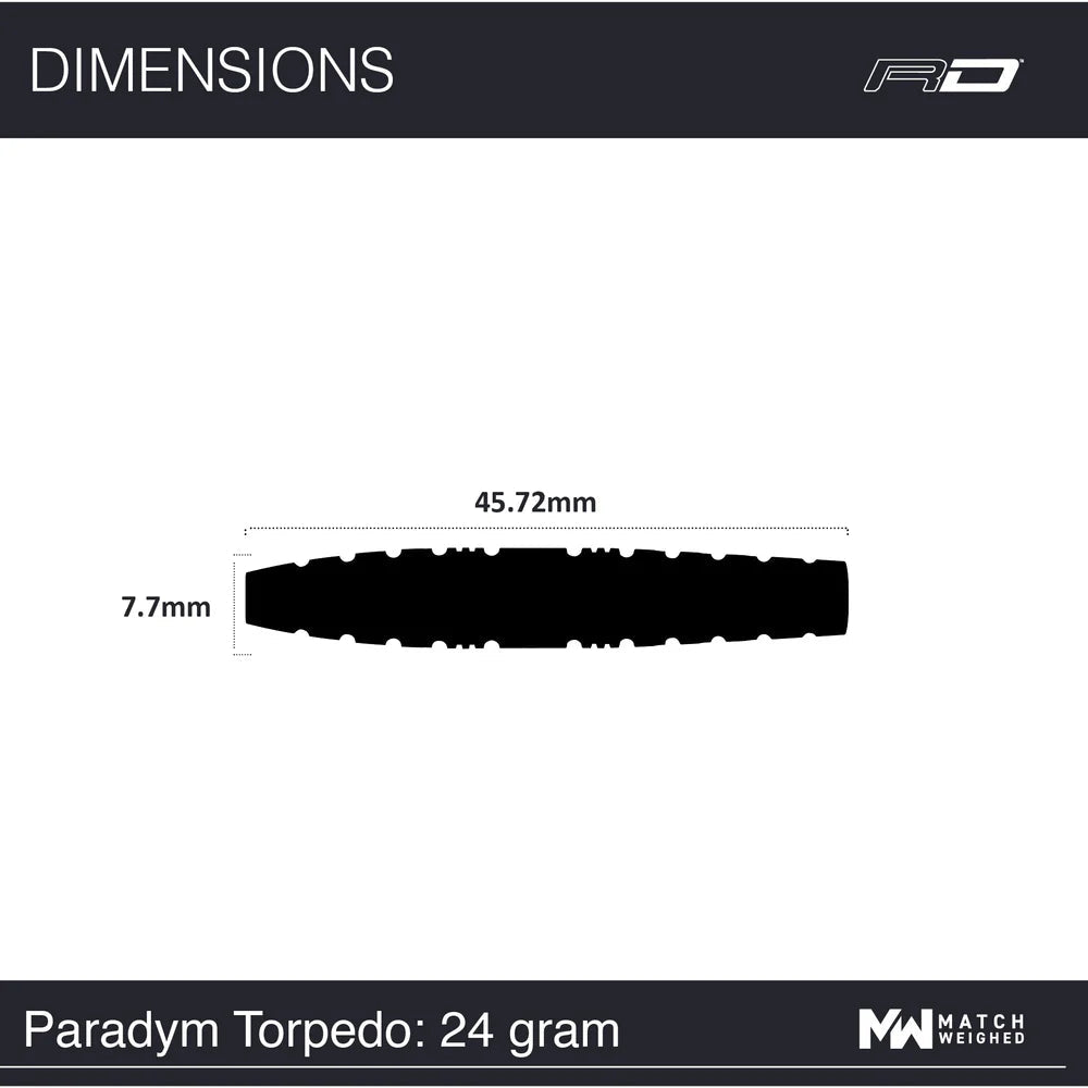 Paradym Torpedo 24g dart barrel dimensions, side profile with 45.72mm length and 7.7mm diameter for tungsten darts