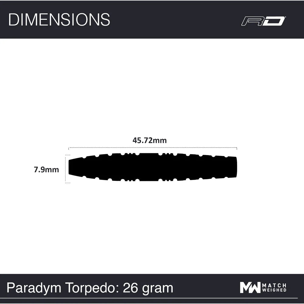 Paradym Torpedo 90% tungsten dart barrel silhouette, top-down with 45.72mm length and 7.9mm width dimensions for darts buyers