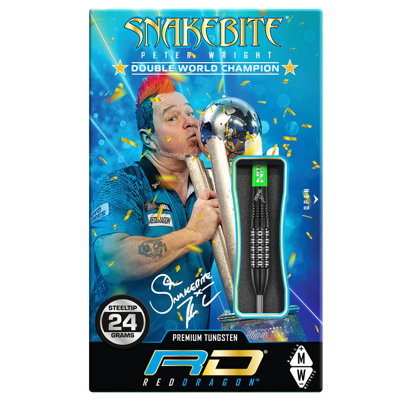 Steel tip tungsten dart 24 grams in retail box, visible through window, black barrel with precision grip, player graphics on packaging