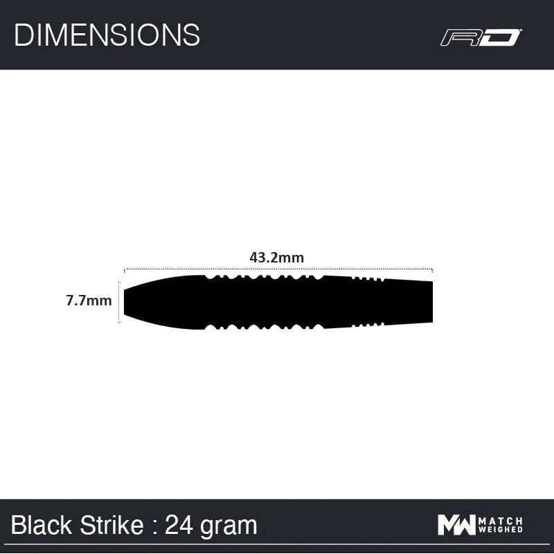Dart barrel side view silhouette with 43.2mm length and 7.7mm diameter, 24 gram weight, isolated for size reference