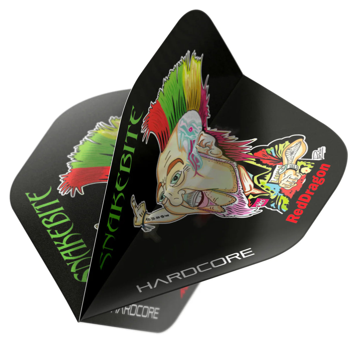 Angled close-up of Peter Wright Cartoon No.2 dart flights showing vibrant mohawk cartoon, SNAKEBITE text, and durable hardcore material