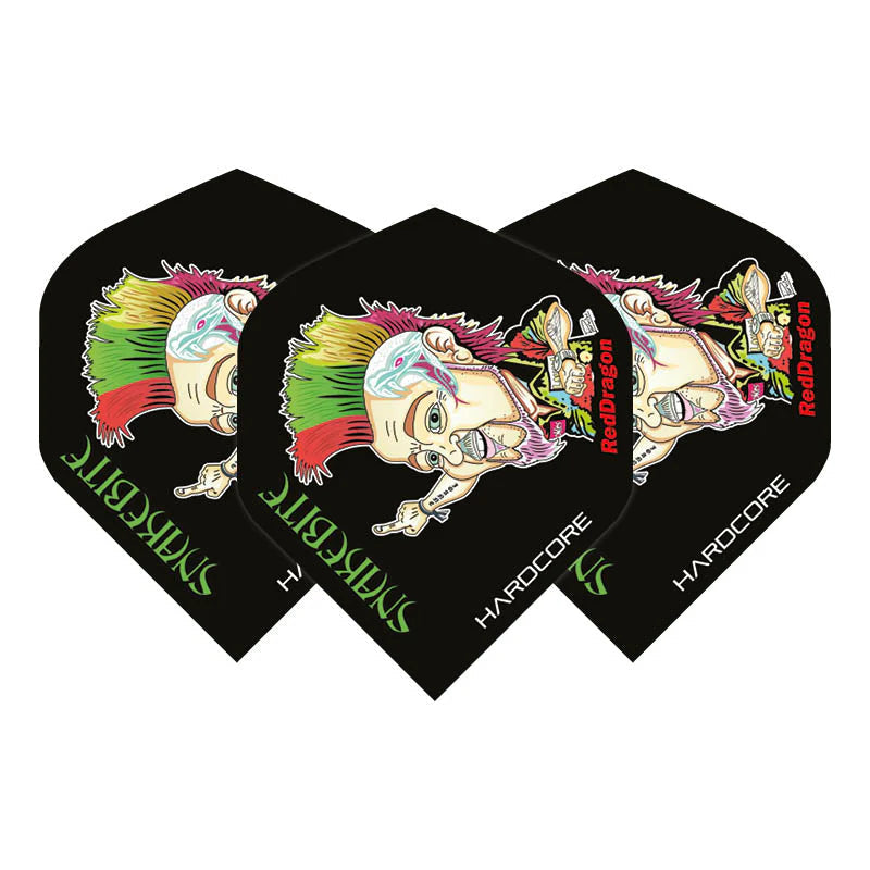 Set of three Peter Wright dart flights fanned on white background, featuring colorful cartoon design, No.2 shape, and 'HARDCORE' text