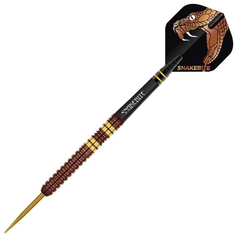 Full view copper fusion tungsten dart with detailed grip rings, gold tip, and snakebite graphic flight, isolated on white background