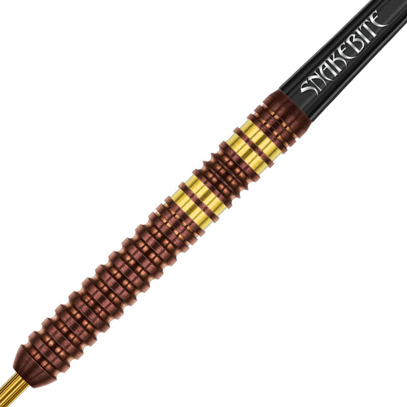 Close-up of copper fusion tungsten dart barrel with deep grip rings and gold accents, isolated on white background