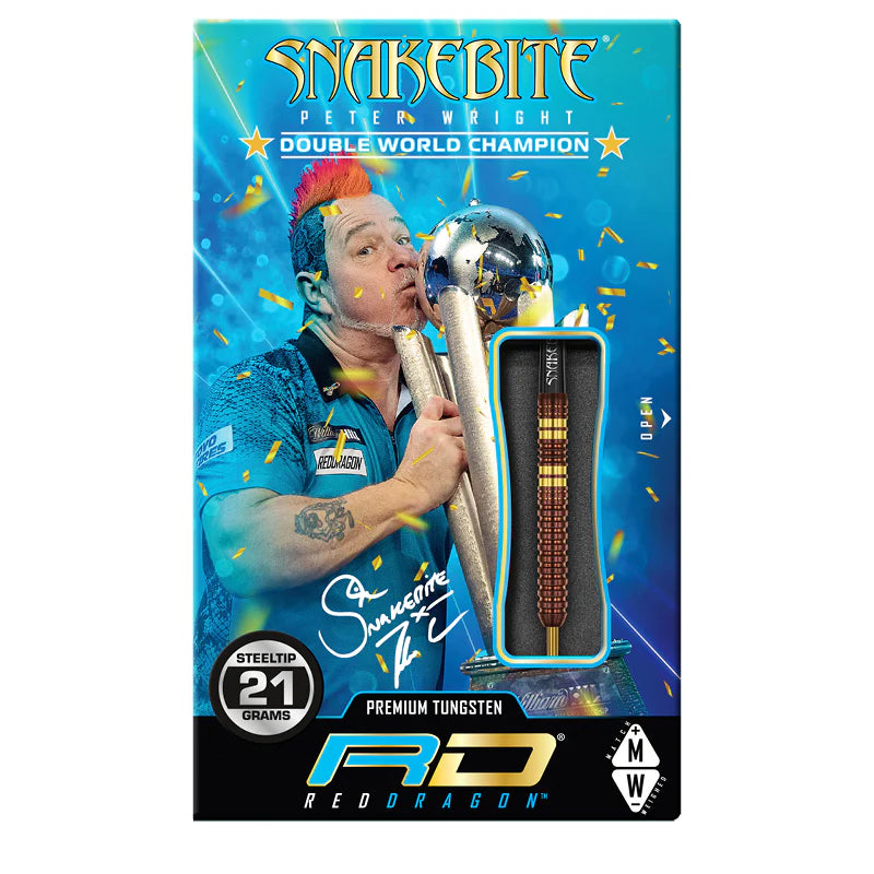 Copper Fusion 90% tungsten dart in display packaging, steel tip, 21 grams, textured barrel, vibrant promotional box