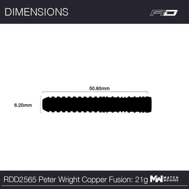 Top-down view of Peter Wright Copper Fusion dart barrel with 50.80mm length and 6.20mm diameter, size reference for tungsten darts