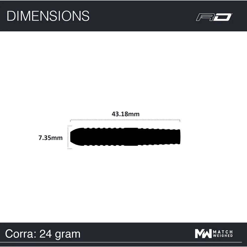 Side view dart barrel silhouette with 43.18mm length and 7.35mm diameter shown for sizing and grip reference
