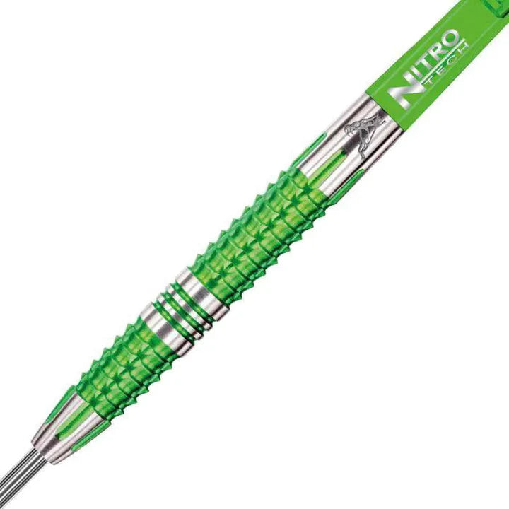 Close-up macro of tungsten dart barrel with vibrant green grip, knurled texture, engraved rings, and NITRO TECH shaft, isolated on white.