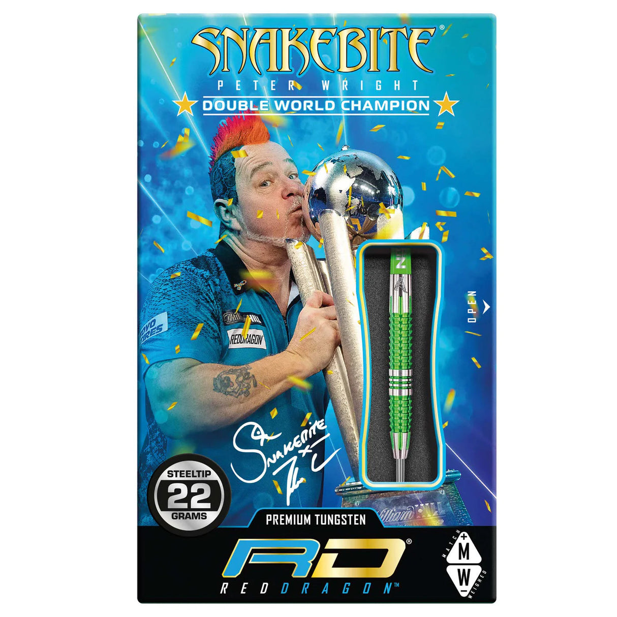 Peter Wright Mamba 2 90% tungsten dart in retail packaging with visible green grip and 22g steel tip weight detail