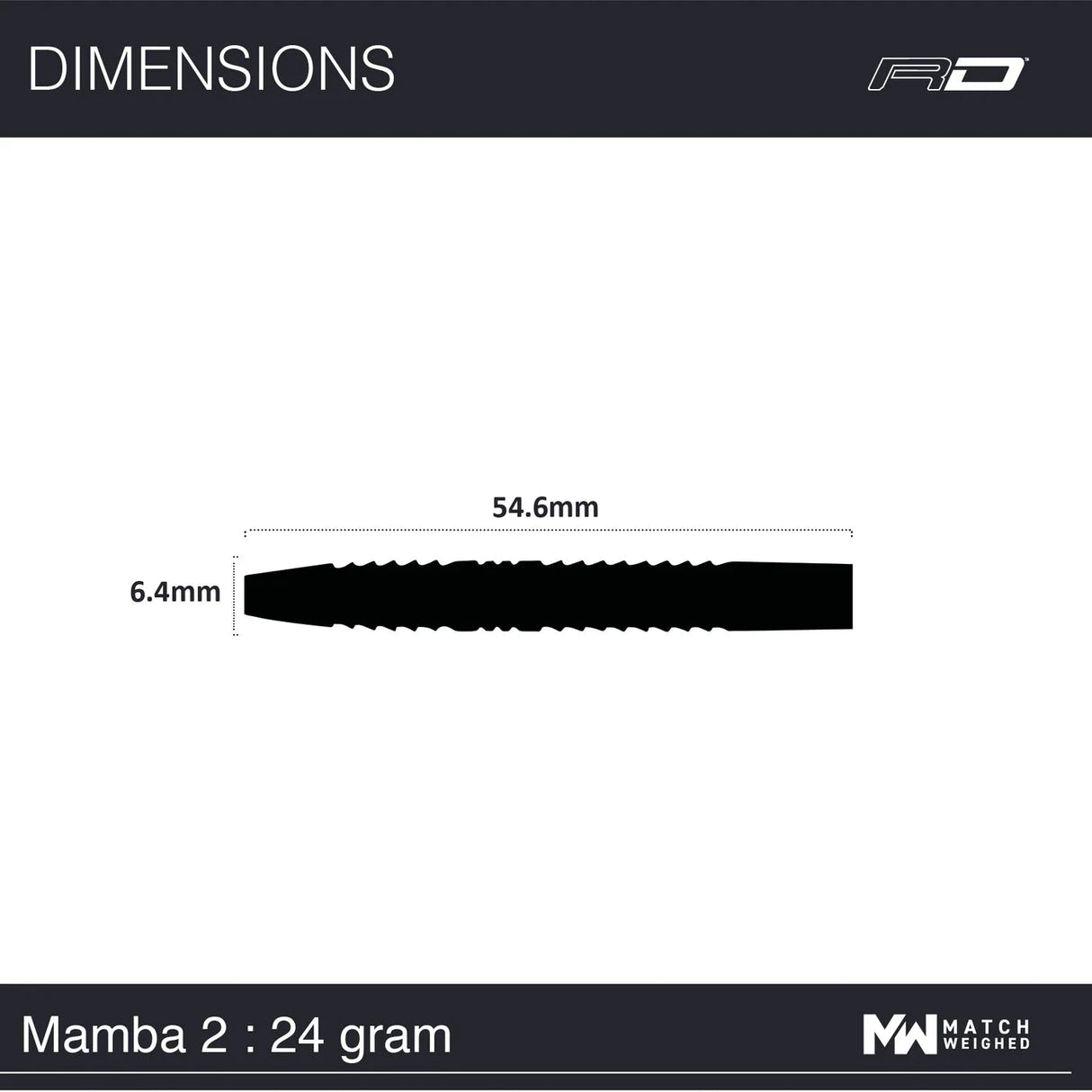 Dart barrel side view with 54.6mm length and 6.4mm diameter dimensions, showing profile and grip details for tungsten darts.