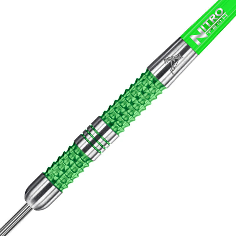 Close-up of Peter Wright Mamba 90% tungsten dart showing green textured grip, precision rings, and Nitro Tech shaft on white background