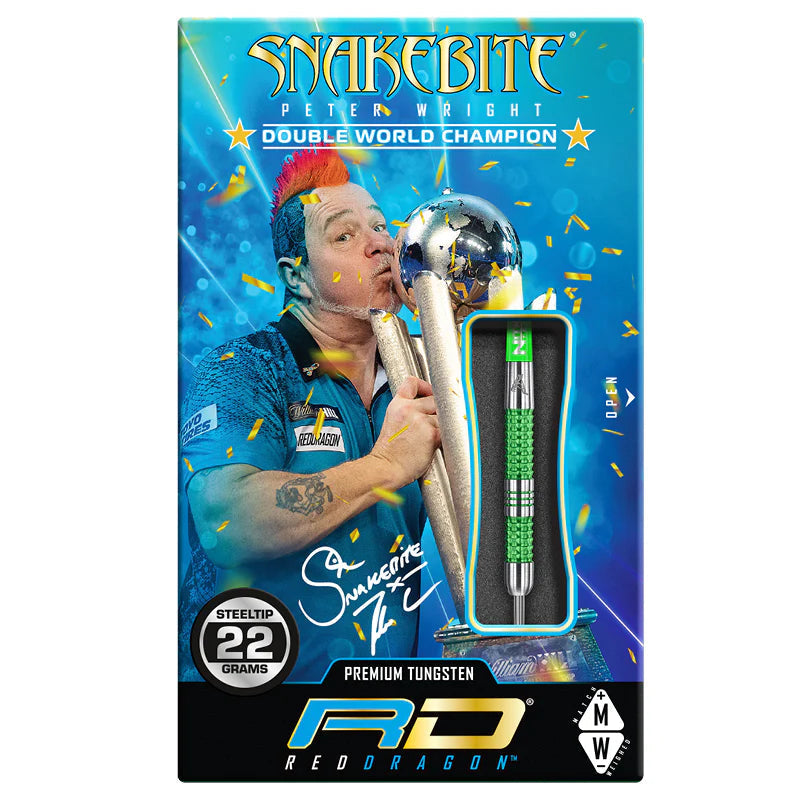 Retail packaging for Peter Wright Mamba 90% tungsten steel tip dart with green textured grip and 22 grams weight indicator