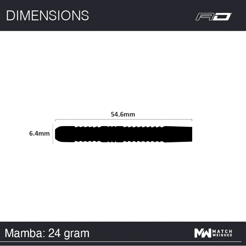 Dart barrel silhouette side view with 54.6mm length and 6.4mm width dimensions for 24g tungsten dart