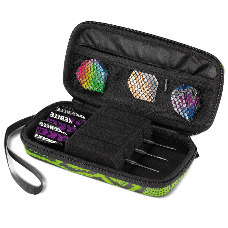 Open dart case angled view with three darts in foam holders and spare flights in mesh pocket, green design, essential darts equipment storage