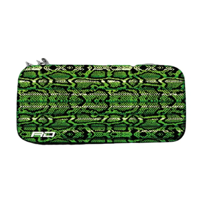 Full view of Monza green dart case with zip closure and vibrant snakeskin design, isolated on white background for darts accessories