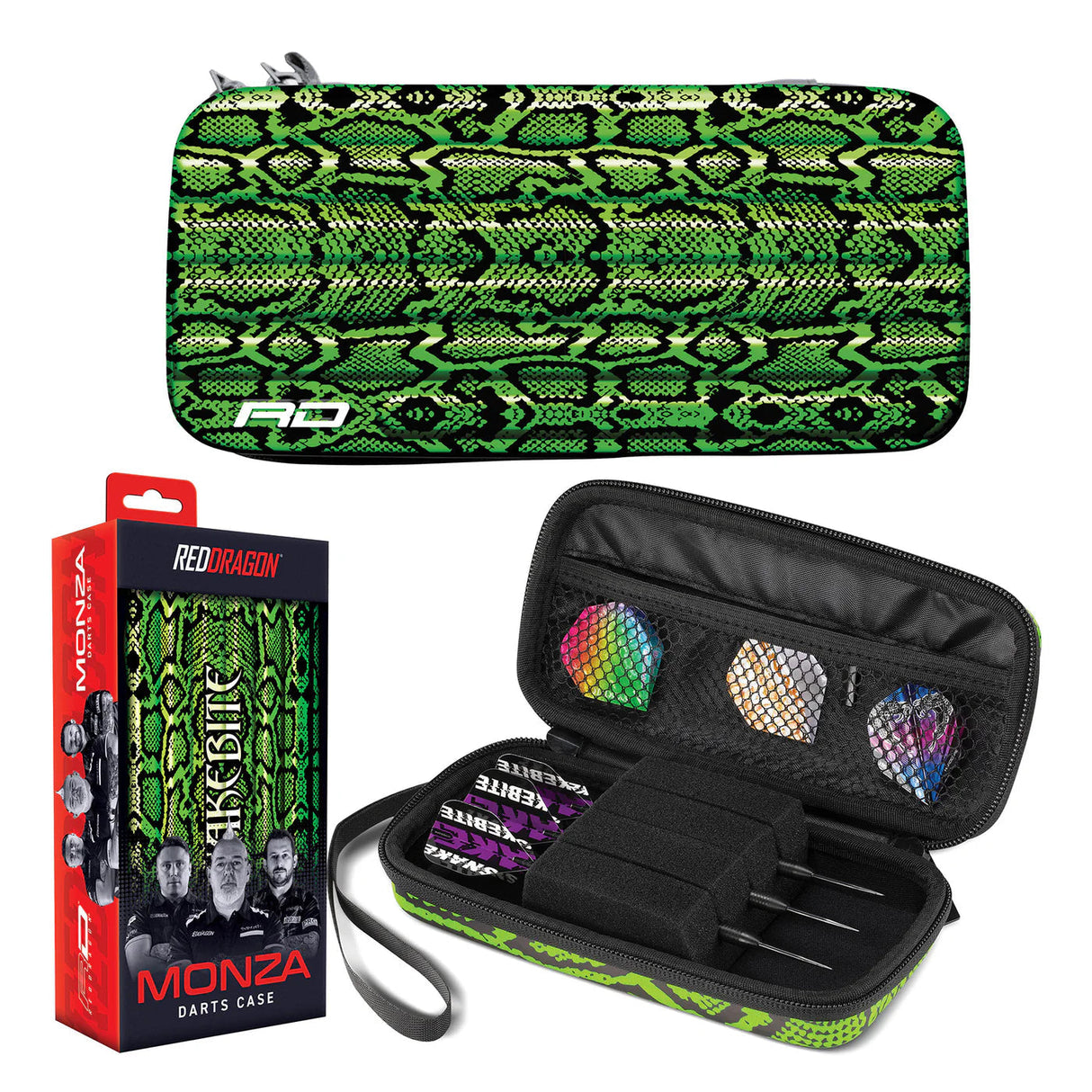 Angled composite showing green snakeskin dart case, retail packaging, and open view with fully assembled darts and flight pockets