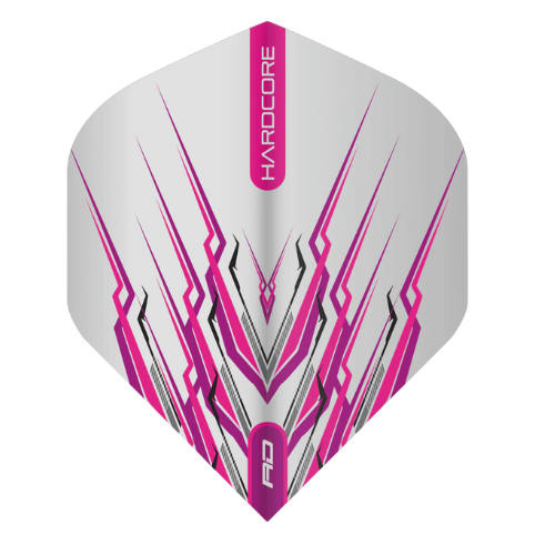 Single Peter Wright Pink Mohawk No.2 dart flight, close full view, sharp pink and silver geometric pattern, isolated on white